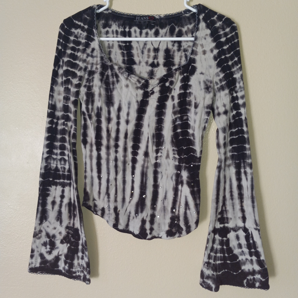 XOXO Black/Grey and Winter-White Tie-Dye Top with Studs Women's L